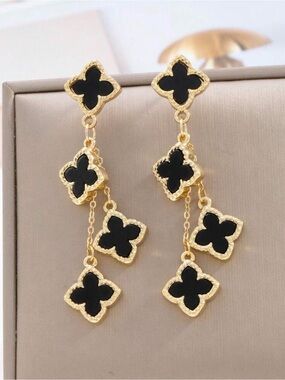 Gold and Black Clover Dangle Earrings - Women Jewelry